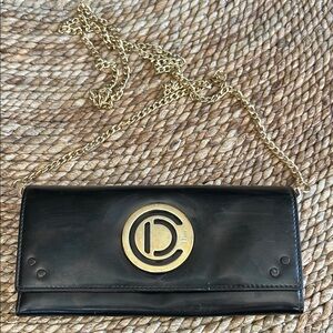 Dior Black Leather Clutch with Gold Circular Logo and Chain
